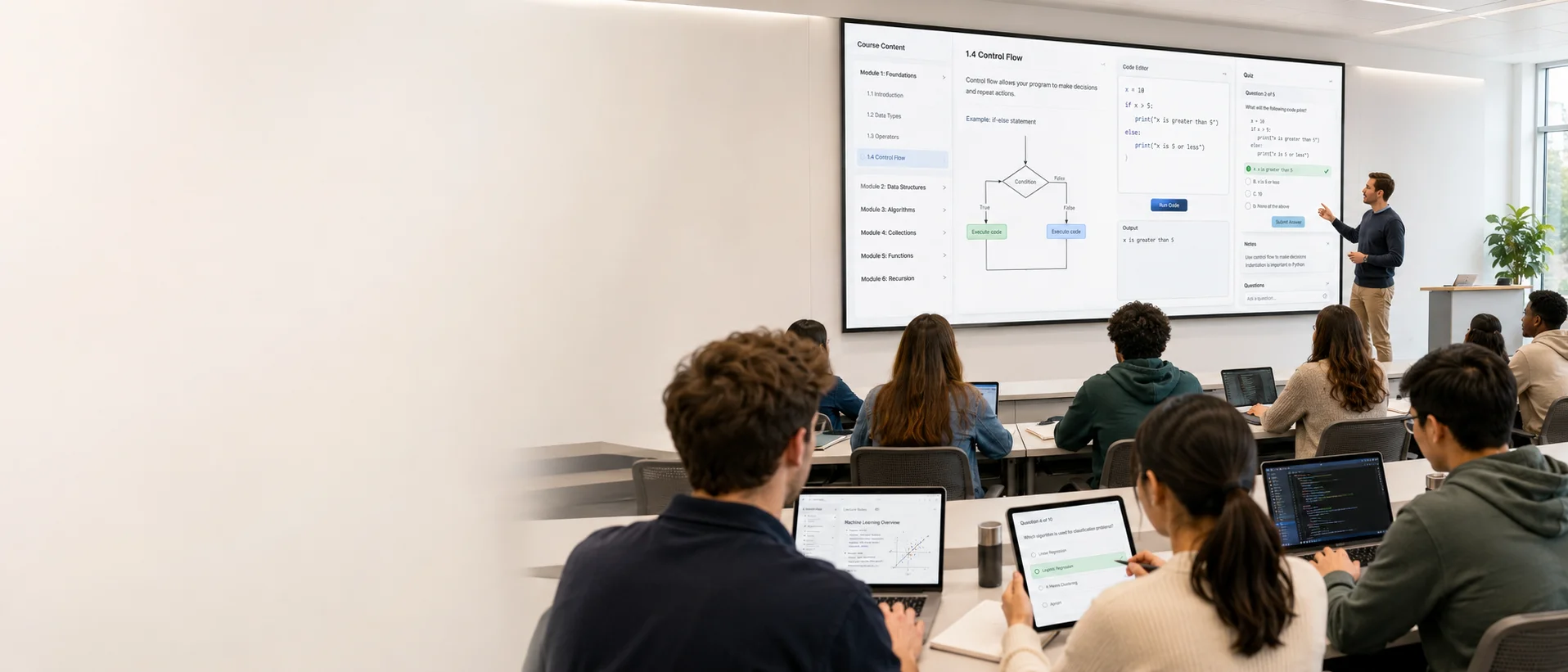Students following a class on their laptops in a lecture room where a ClassCong lesson is shown on the large screen